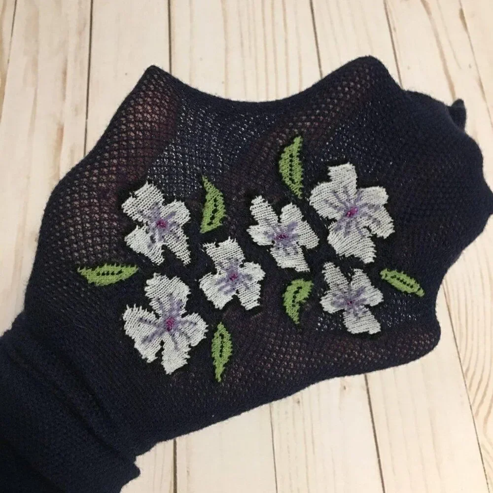 Dark Blue Floral Embroidered Fishnet Tights - Girls One Size